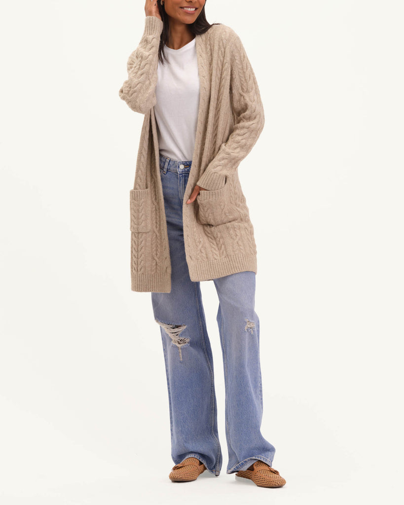 Open Front Mixed Cable Cardigan, Oatmeal Heather | Elie Elie Tahari
