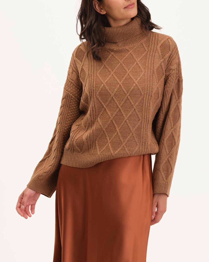 Long Sleeve Turtleneck Cable Sweater, Bear Camel | Elie Elie Tahari