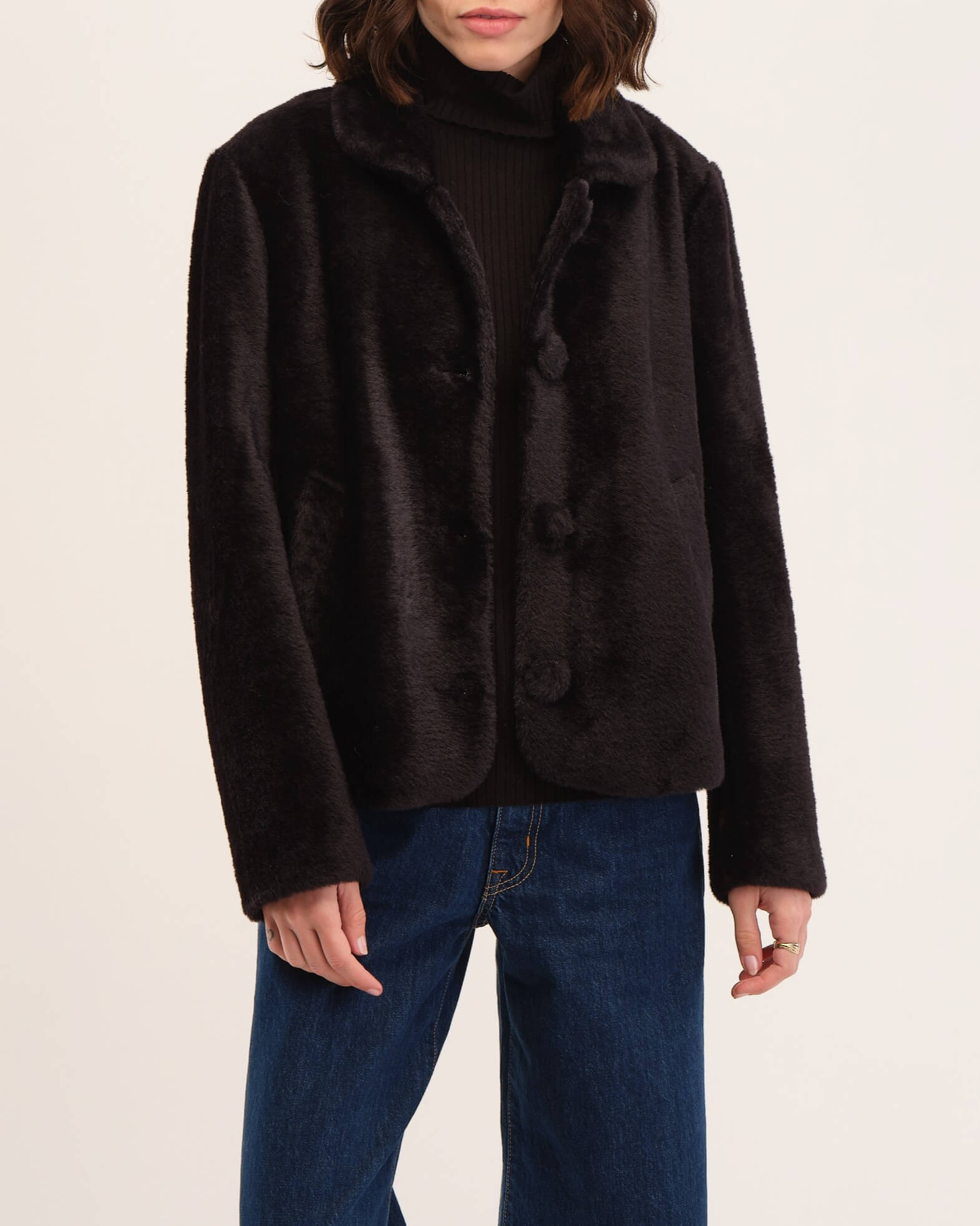 Shop Faux Fur Button Front Collared Jacket | Elie Elie Tahari | JANE + MERCER