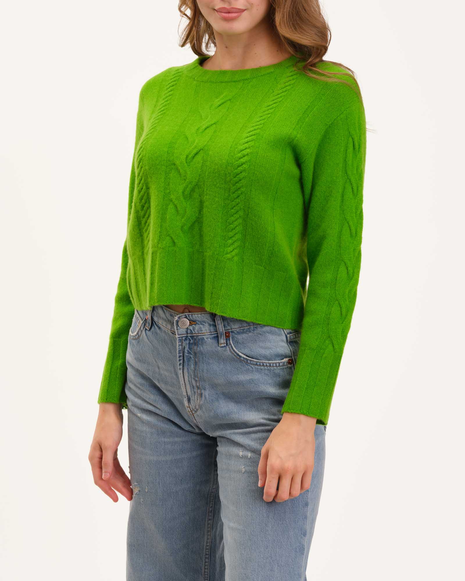 Cashmere Cable Crew Neck Sweater, Electric Green | Elie Elie Tahari