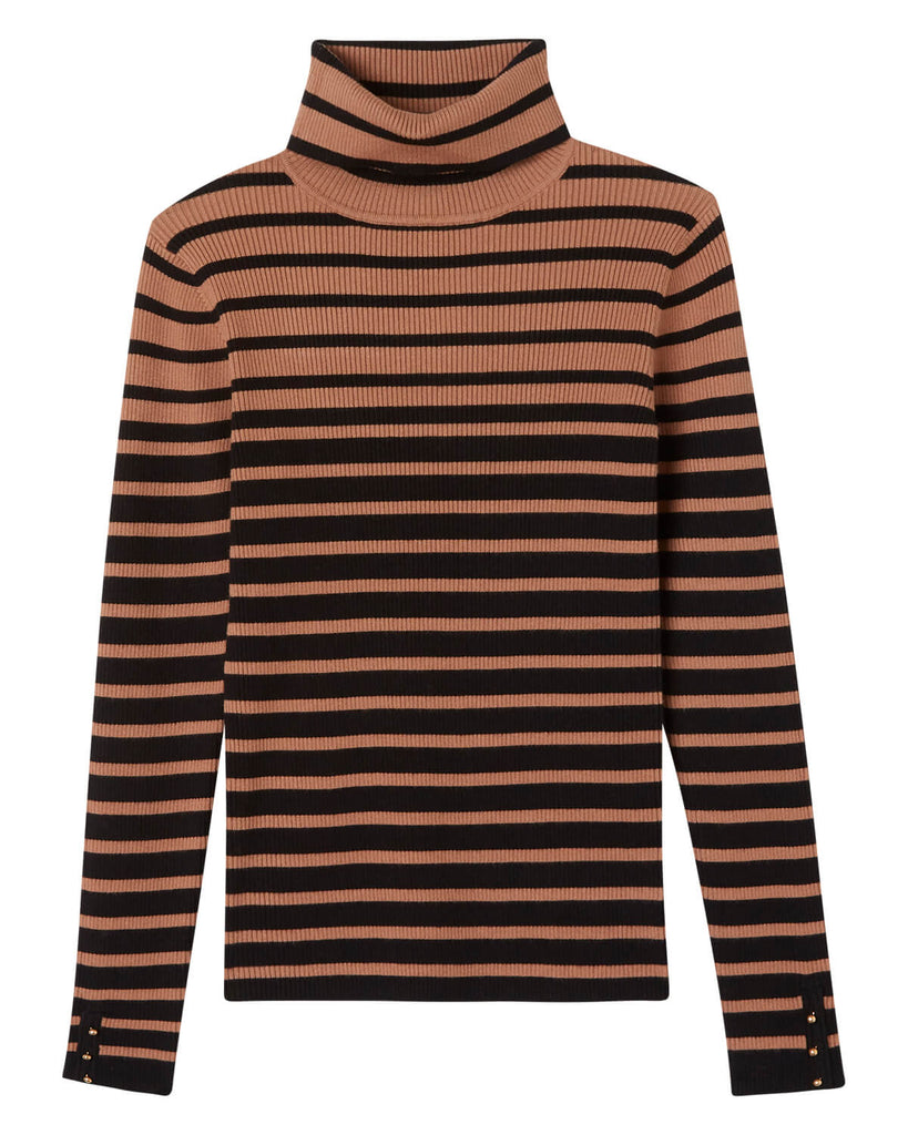 Striped Turtleneck Sweater, Camel/Black | Elie Elie Tahari