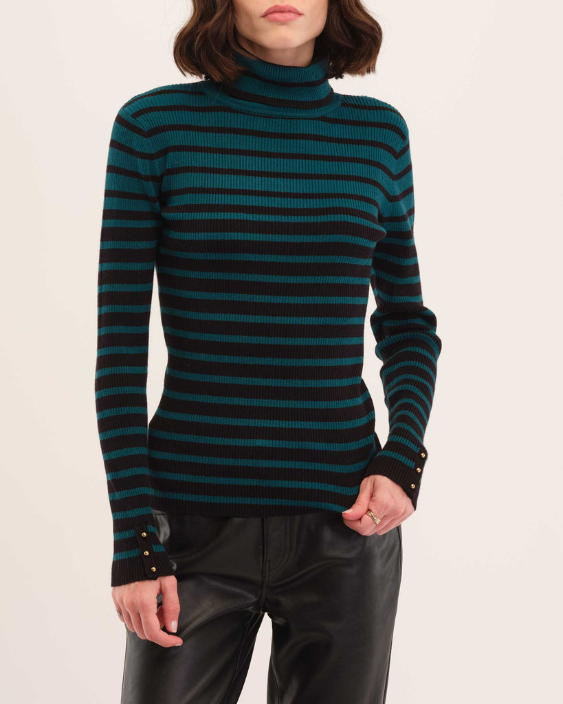 Striped Turtleneck Sweater, Deep Teal/Black | Elie Elie Tahari