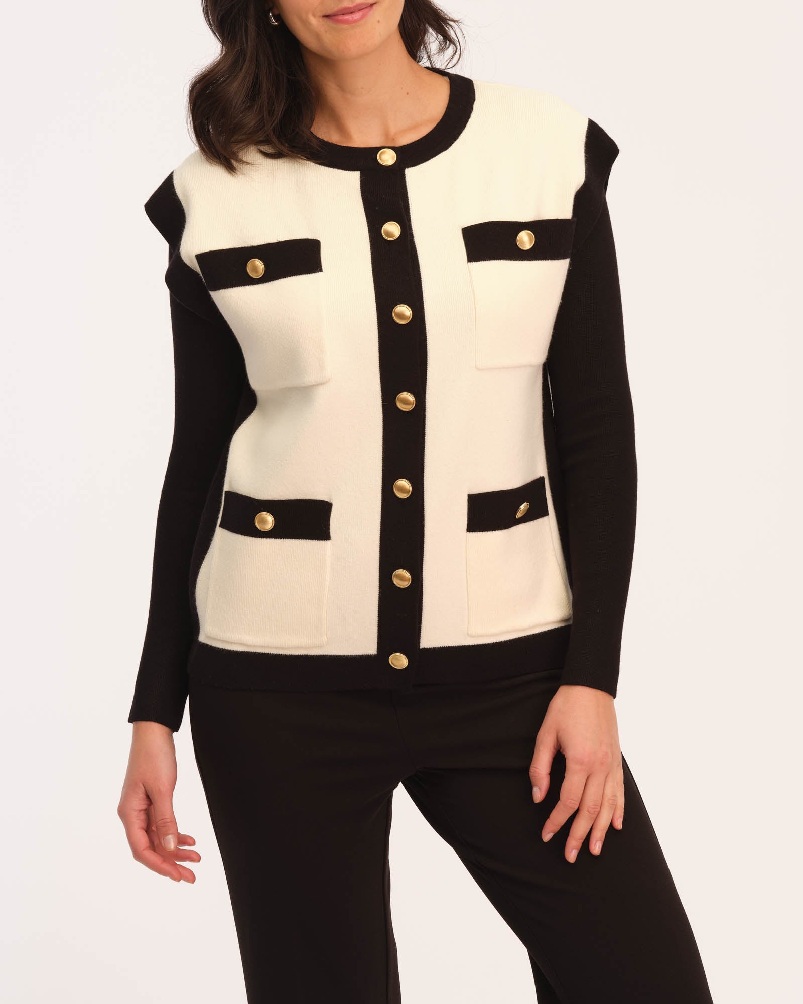 Shop Elie Elie Tahari Women's Contrast Trim Button-Up Sweater Vest | JANE + MERCER