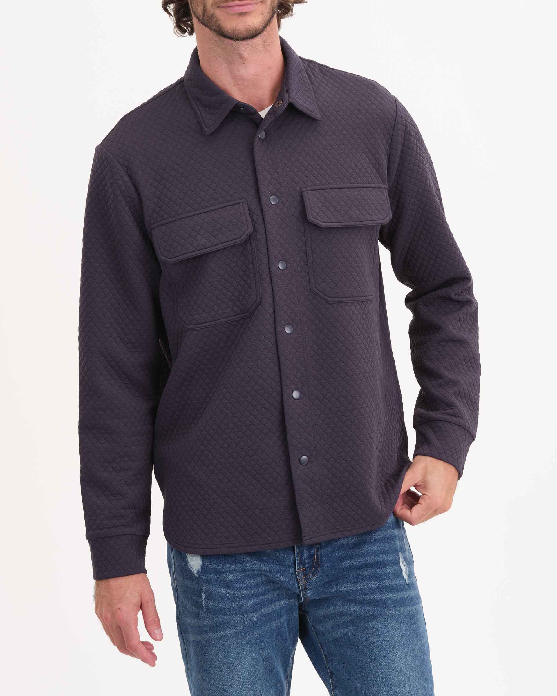 Men's Quilted Button Down Collared Shacket, Denim Blue | M Magaschoni Men's