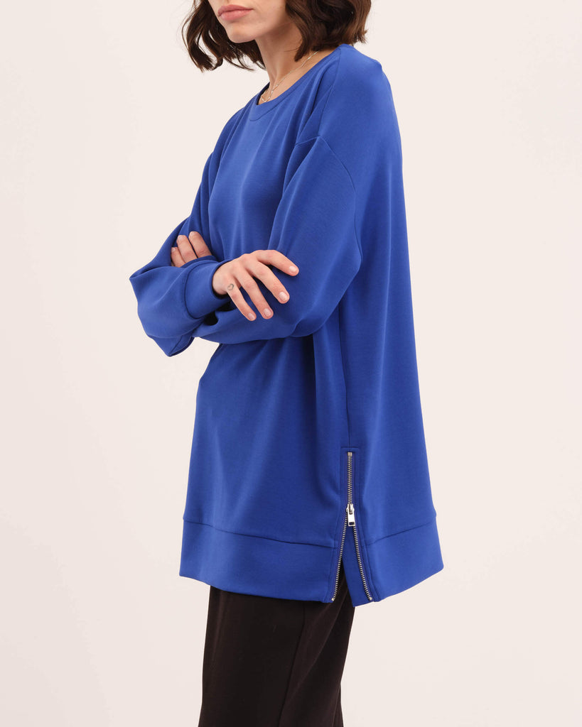 Tunic Length Side Slit Pullover Top, Sapphire Blue | M Magaschoni