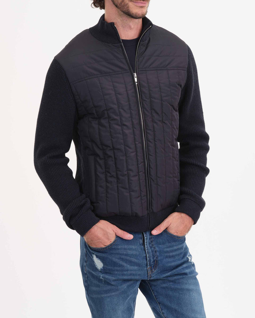 Men's Mock Neck Front Quilted Zip Up Sweater Jacket, Navy | Magaschoni Men's