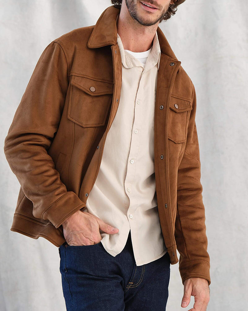 Men's Snap Front Collared Faux Suede Jacket, Brown | Magaschoni Men's