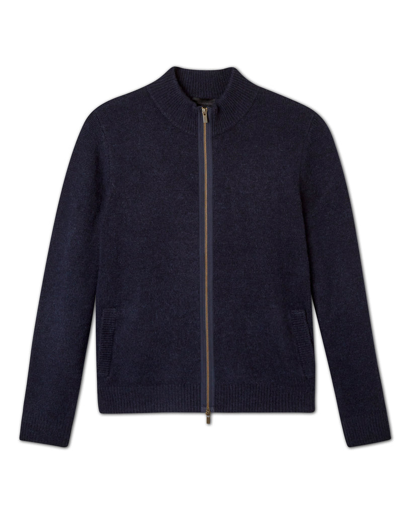 Men's Front Zip Mock Neck Wool Blend Sweater, Navy | Magaschoni Men's