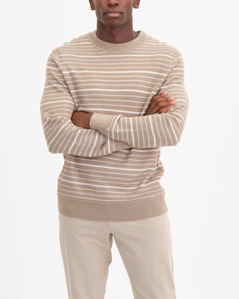 Crew Neck Textured Stripe Pullover Sweater, Beige Stone/Ivory | Magaschoni Men