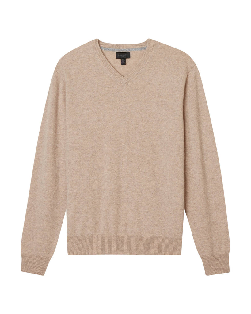 Men's Tipped Cashmere V-Neck Sweater, Beige Heather/Flannel | Magaschoni Men's
