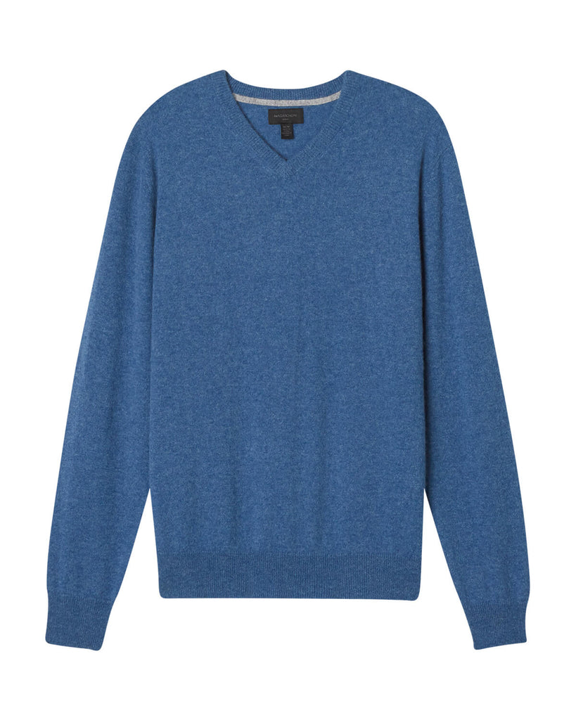 Men's Tipped Cashmere V-Neck Sweater, Blue Heather/Flannel | Magaschoni Men's