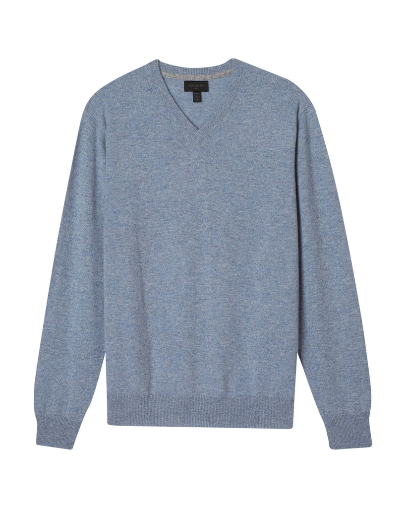 Men's Tipped Cashmere V-Neck Sweater, Blue Mist Heather/Flannel | Magaschoni Men's