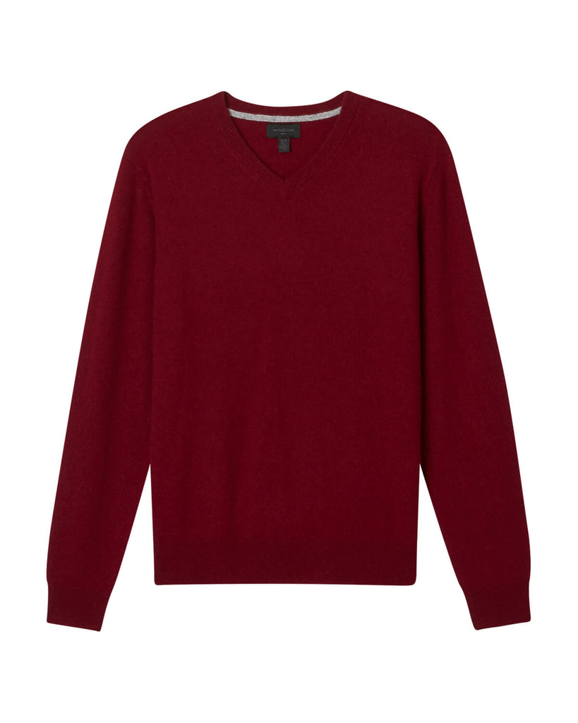 Men's Tipped Cashmere V-Neck Sweater, Burgundy/Flannel | Magaschoni Men's