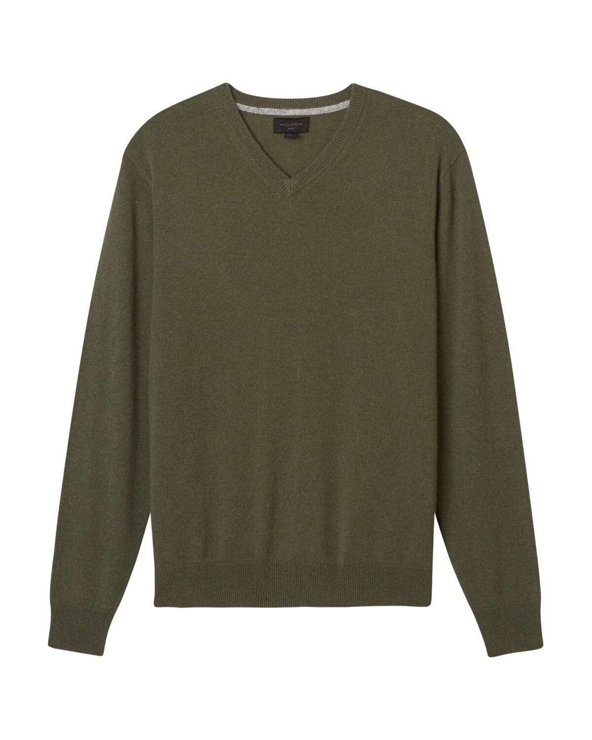 Men's Tipped Cashmere V-Neck Sweater, Deep Sage/Flannel | Magaschoni Men's