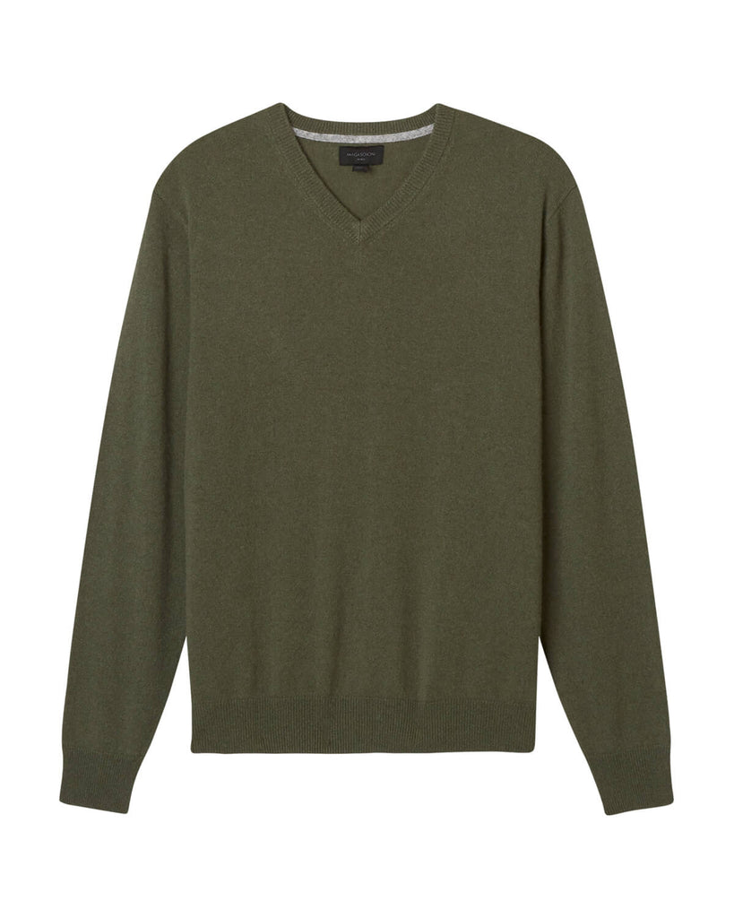 Men's Tipped Cashmere V-Neck Sweater, Deep Sage/Flannel | Magaschoni Men's