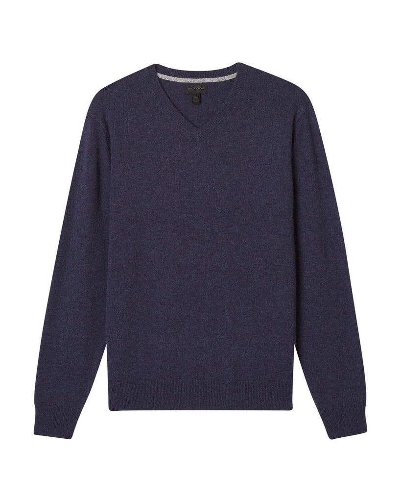 Men's Tipped Cashmere V-Neck Sweater, Mulberry Heather/Flannel | Magaschoni Men's