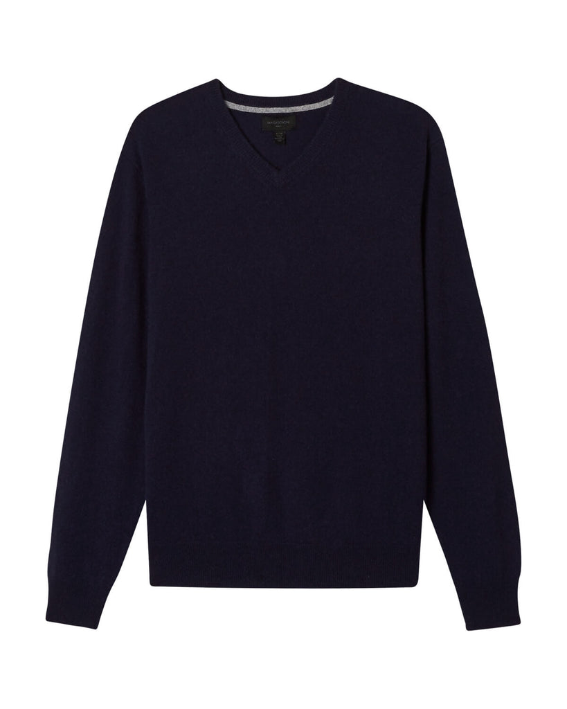 Men's Tipped Cashmere V-Neck Sweater, Navy/Flannel | Magaschoni Men's