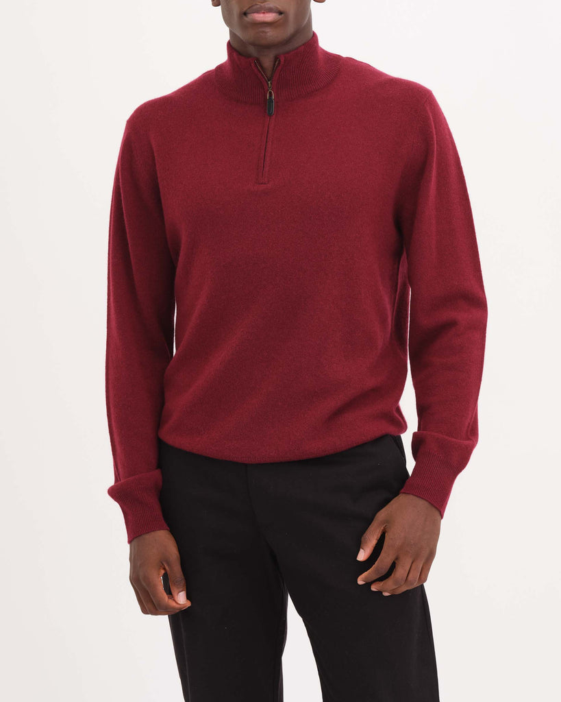 Men's Cashmere Quarter Zip Mock Neck Pullover, Burgundy/Flannel | Magaschoni Men's