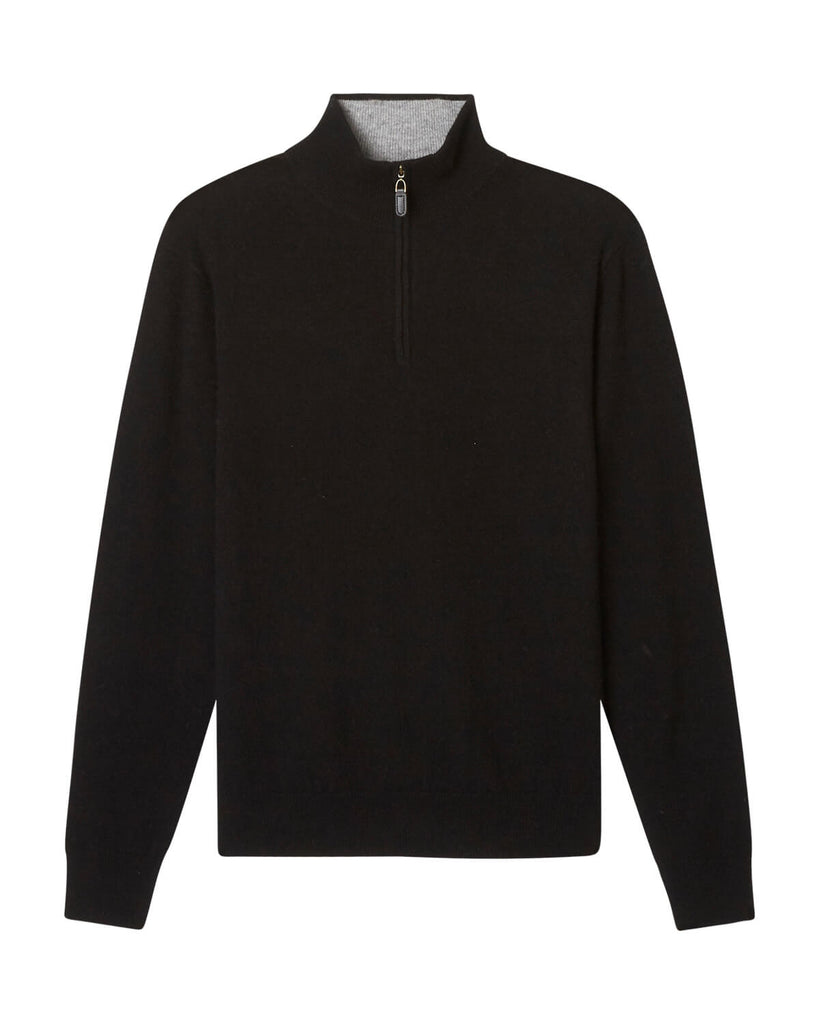 Men's Cashmere Quarter Zip Mock Neck Pullover, Black/Flannel | Magaschoni Men's
