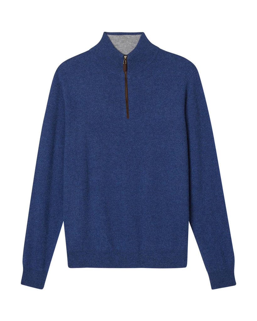 Men's Cashmere Quarter Zip Mock Neck Pullover, Blue Heather/Flannel | Magaschoni Men's