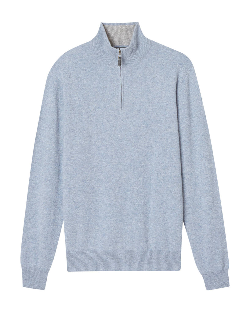 Men's Cashmere Quarter Zip Mock Neck Pullover, Blue Mist Heather/ Flannel | Magaschoni Men's