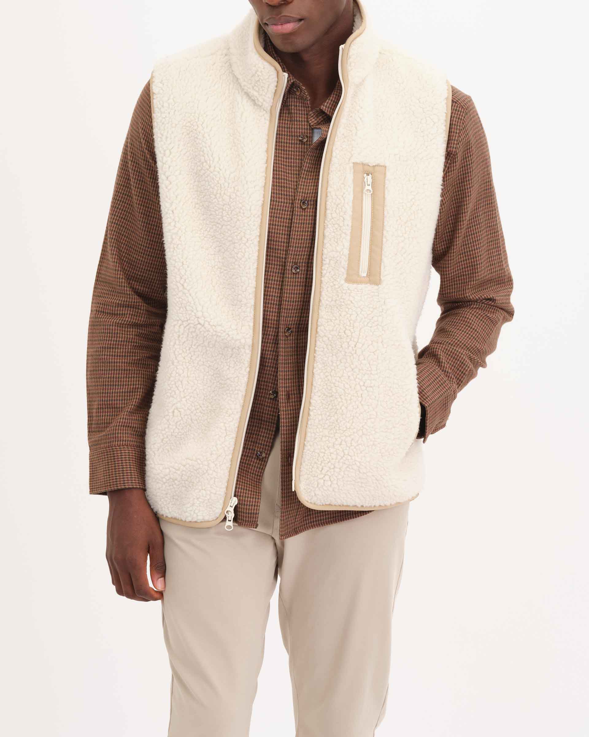 Men's 3-Pocket Zip Front Fleece Vest, Ivory | Magaschoni Men's