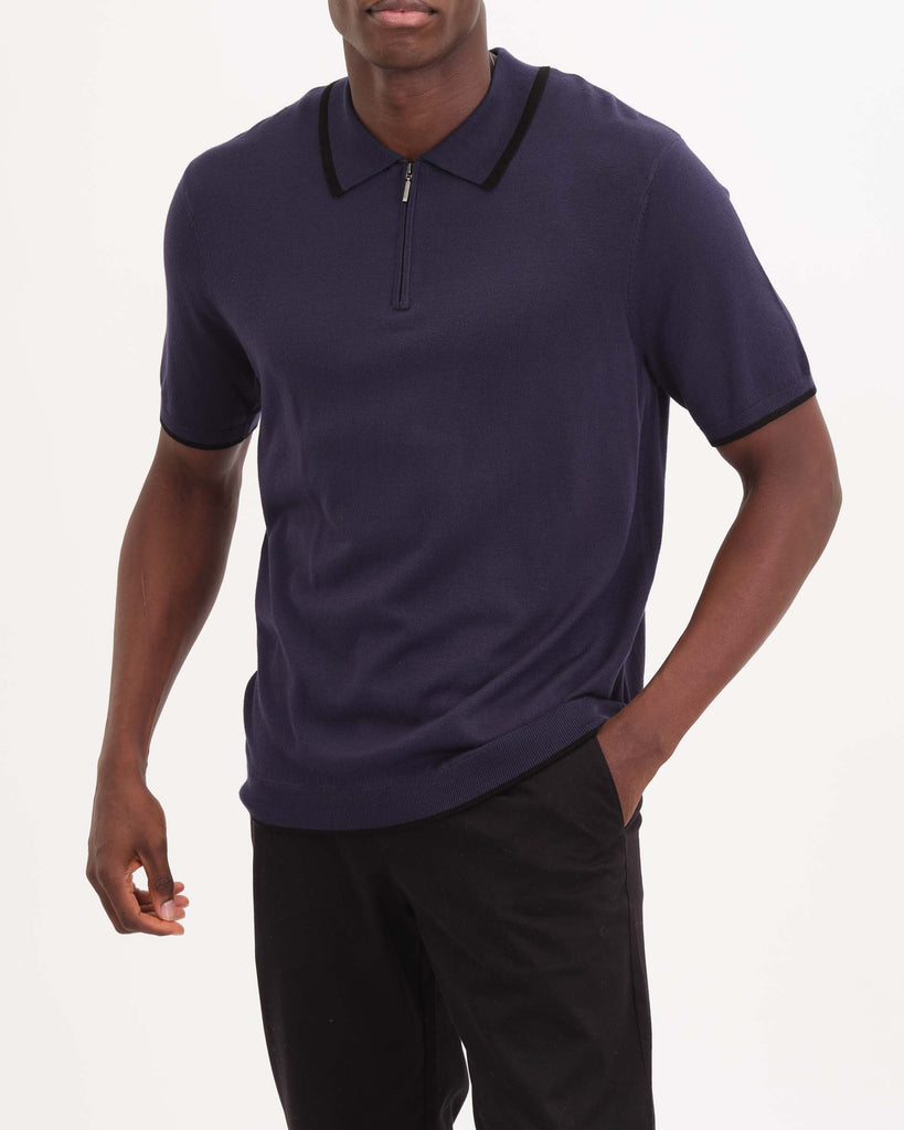 Men's Short Sleeve Quarter Zip Polo Pullover, Navy | Magaschoni Men's