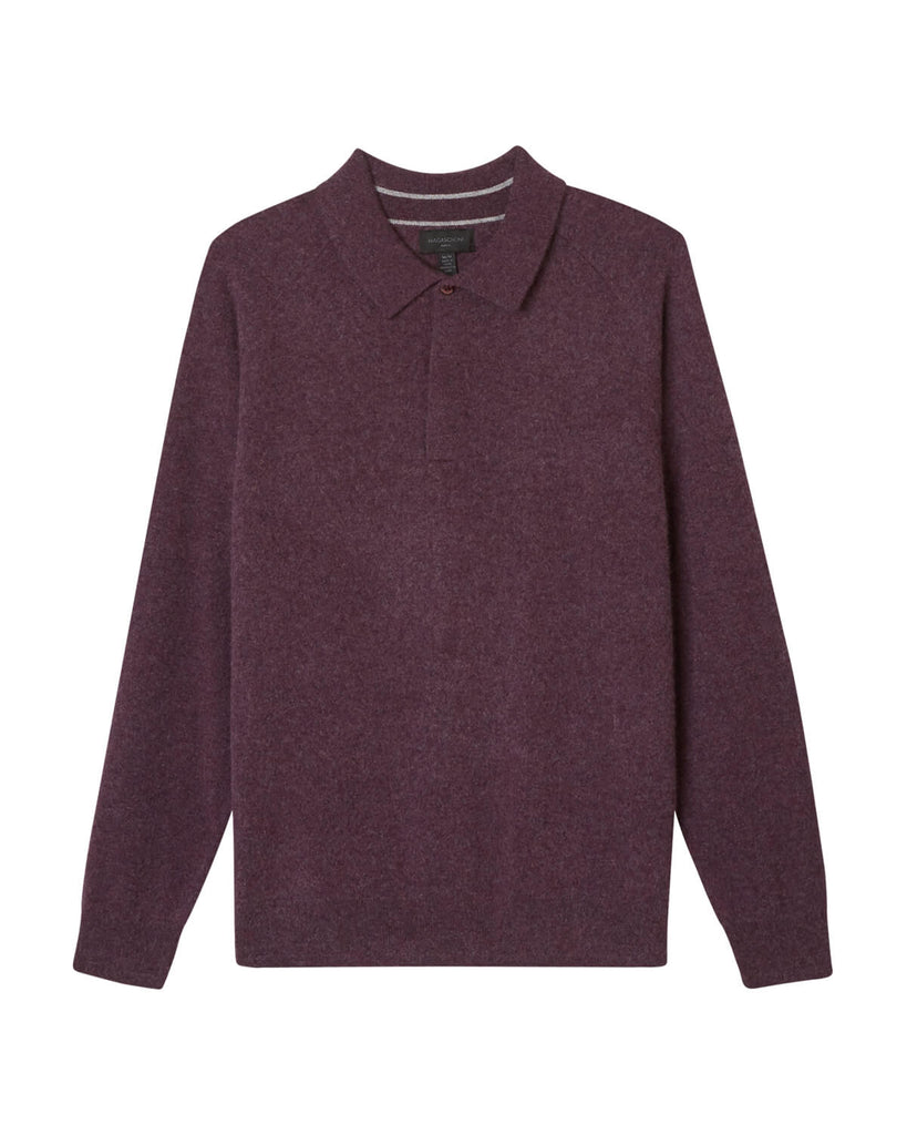 Men's Cashmere Rib Trim Sweater Polo, Aubergine Heather/Flannel | Magaschoni Men's