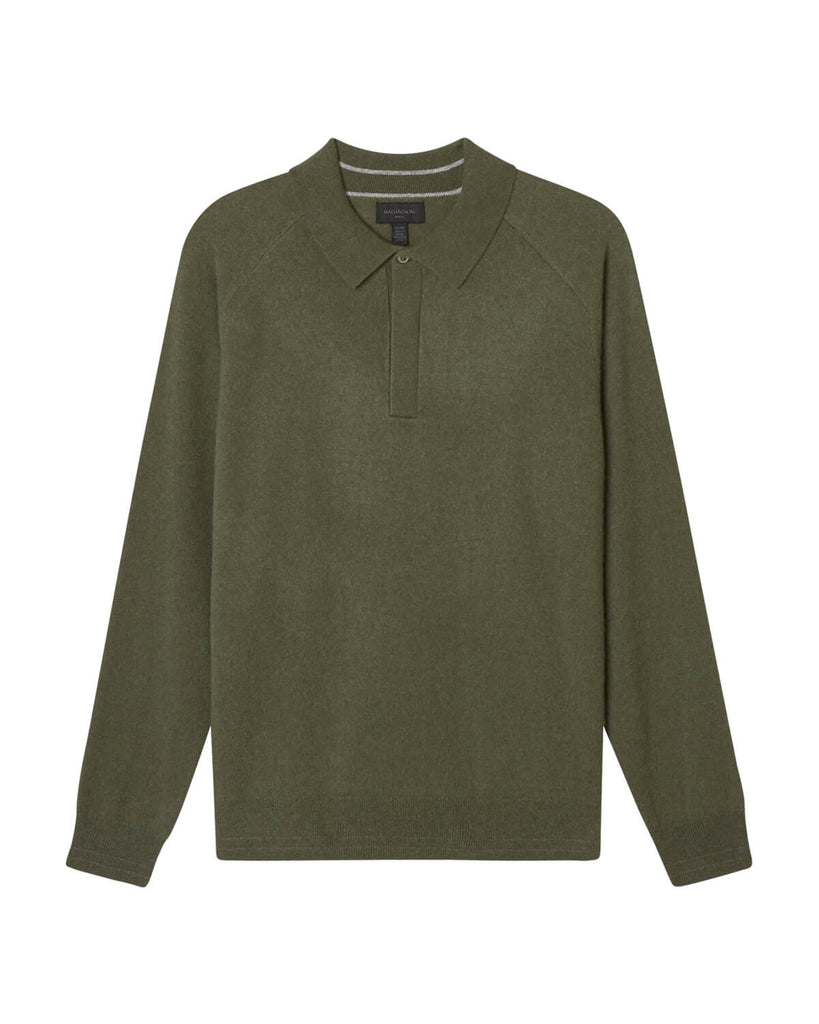 Men's Cashmere Rib Trim Sweater Polo, Deep Sage/Flannel | Magaschoni Men's