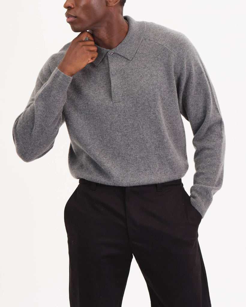 Cashmere Rib Trim Sweater Polo, Stone Grey Heather/Black | Magaschoni Men
