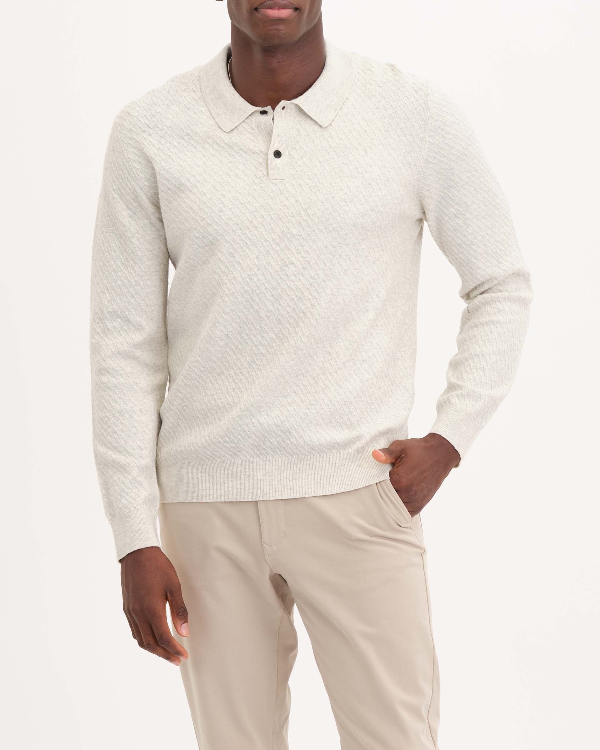 Polo Collar Front Button Textured Pullover, Oatmeal Heather | Magaschoni Men