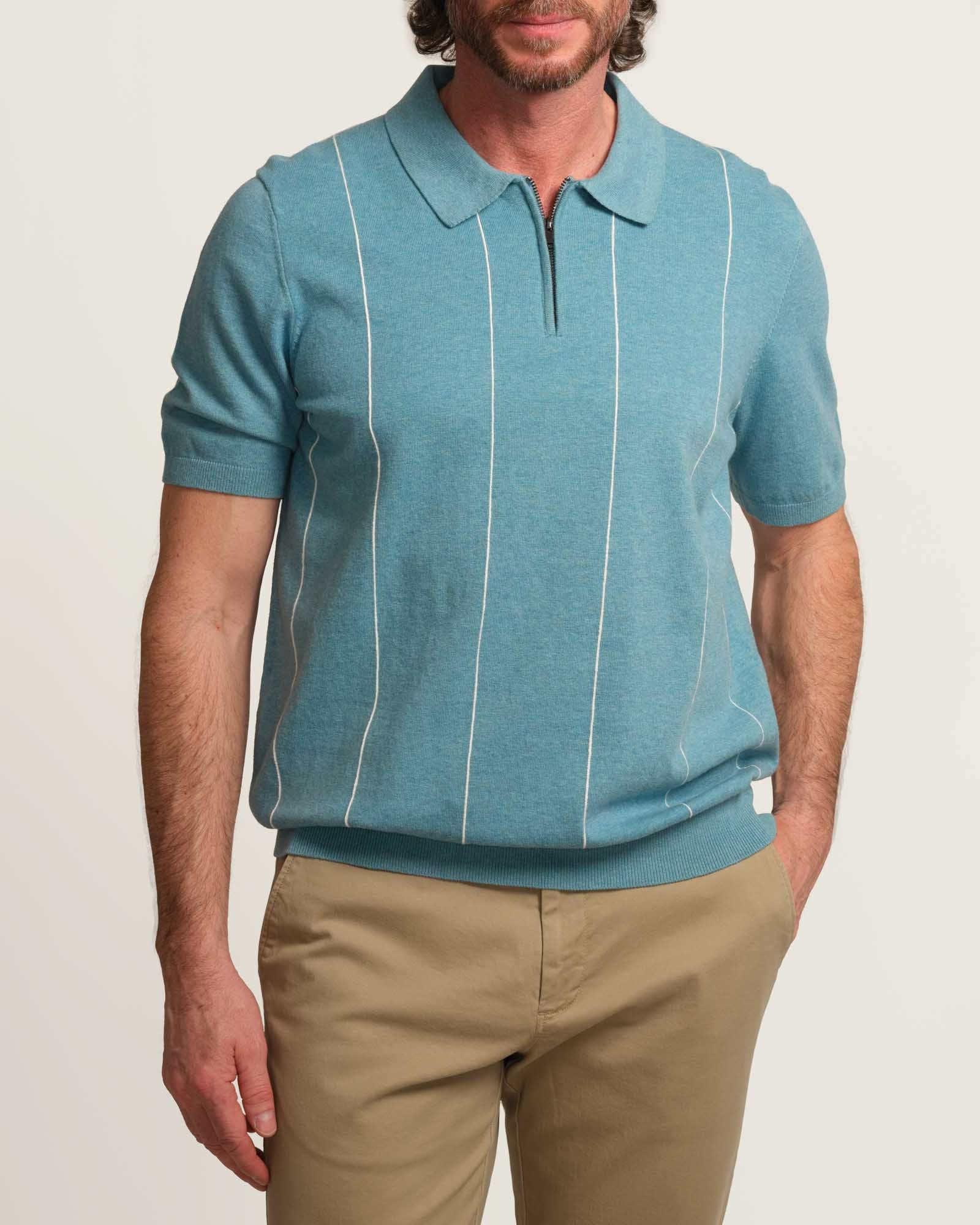 Magaschoni Men's Quarter Zip Vertical Stripe Sweater Polo | JANE + MERCER