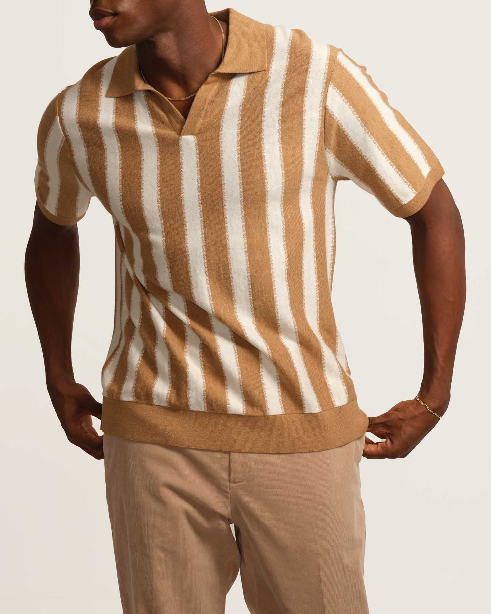 Men's Johnny Collar Vertical Stripe Pullover, Coffee/White | Magaschoni Men's