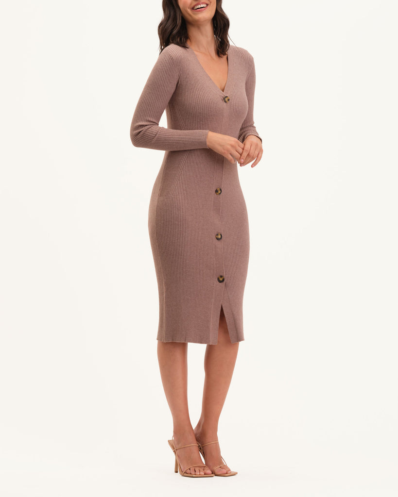 Women's Long Sleeve Button Front Midi Dress, Mink Heather | Magaschoni