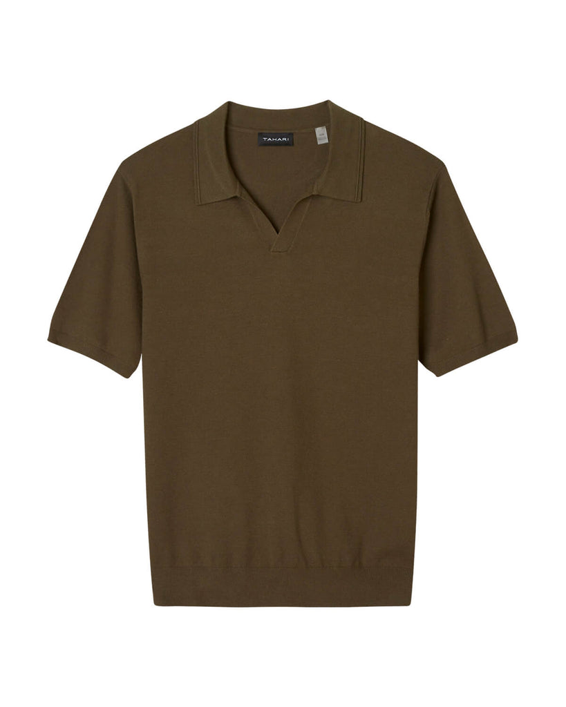 Men's Short Sleeve Buttonless Sweater Polo, Olive | Tahari Men's