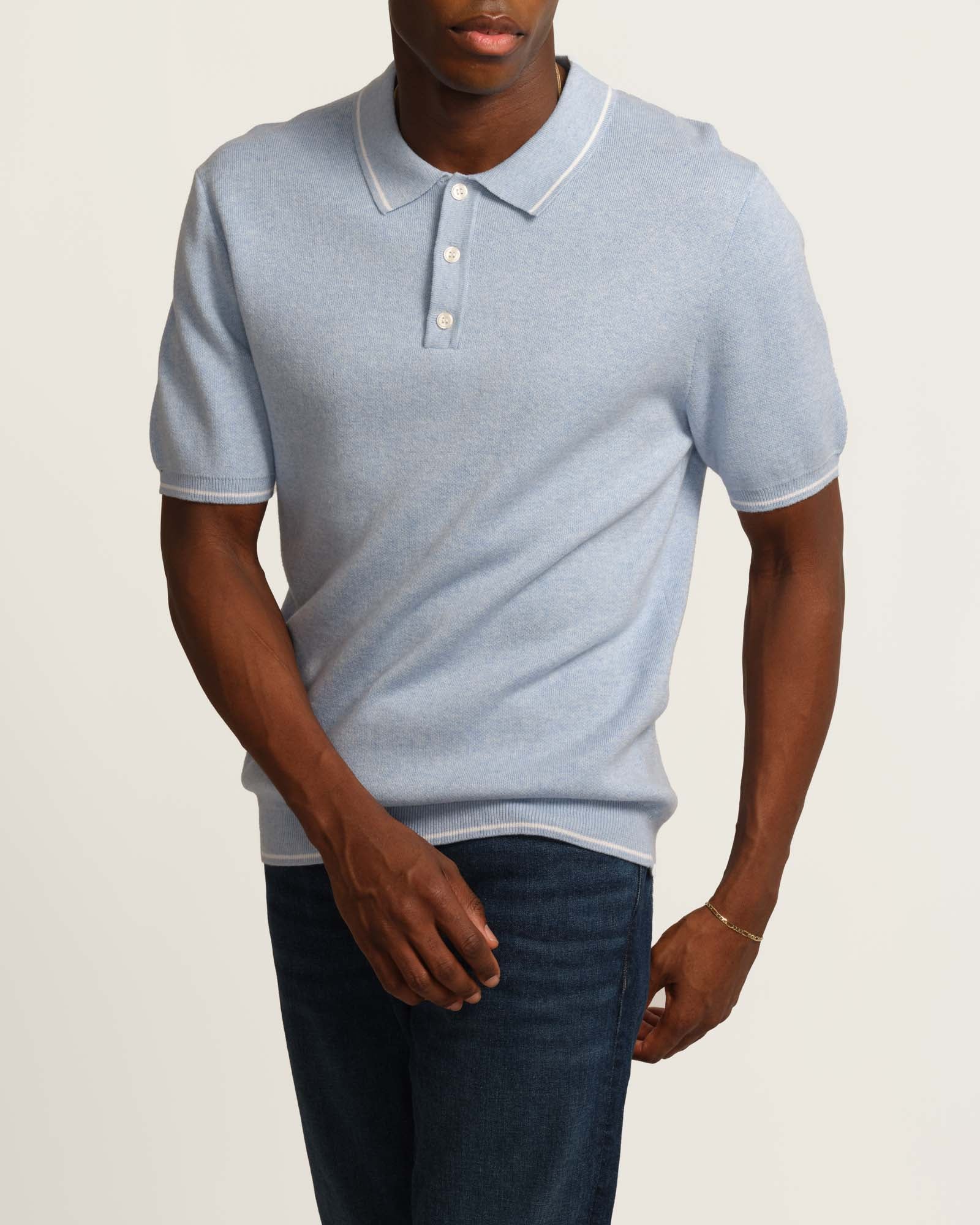 Tahari Men's Button-Through Solid Sweater Polo, Blue/Ivory | JANE + MERCER