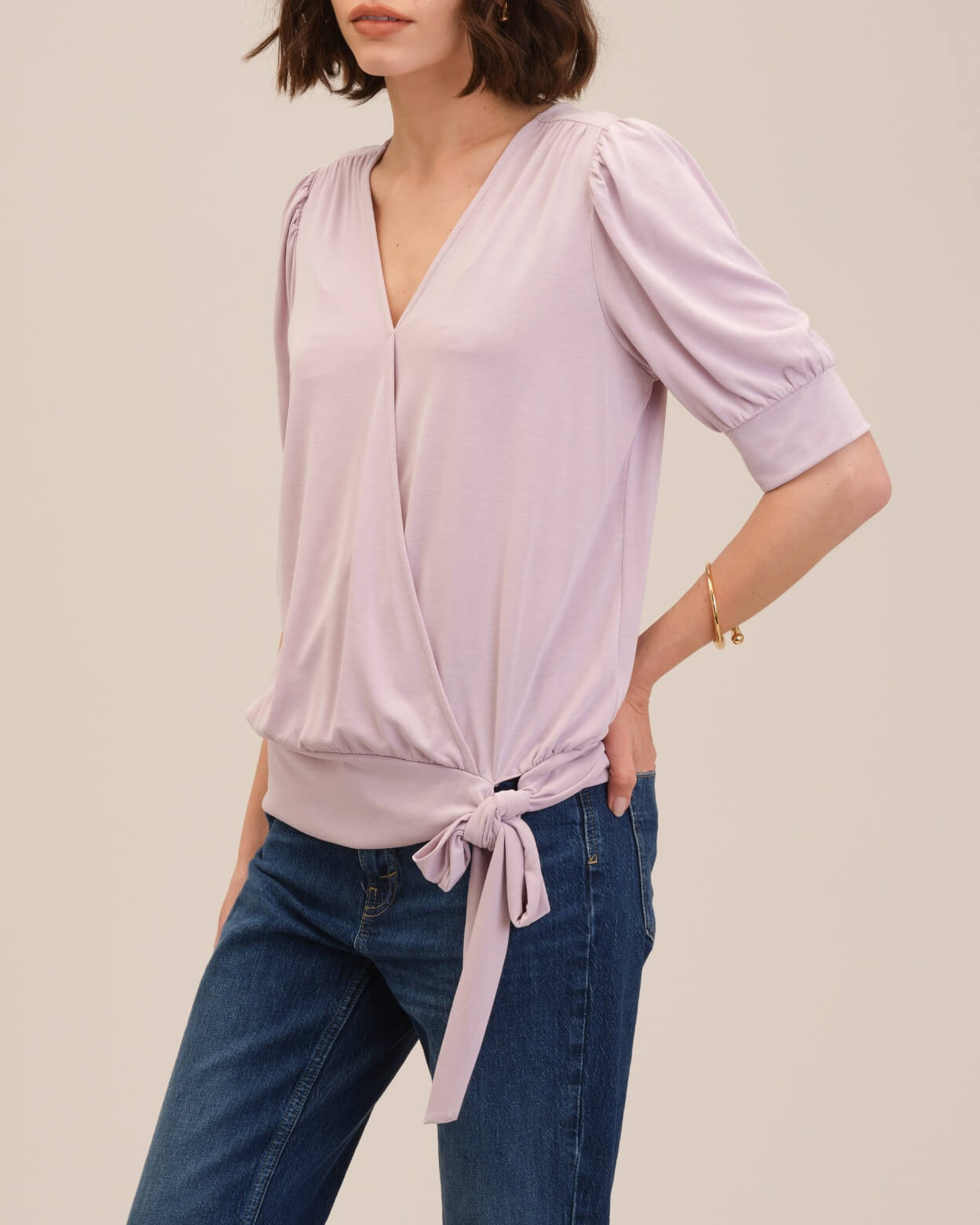 Shop Elbow Sleeve Wrap V-Neck Top | Catherine Malandrino | JANE + MERCER