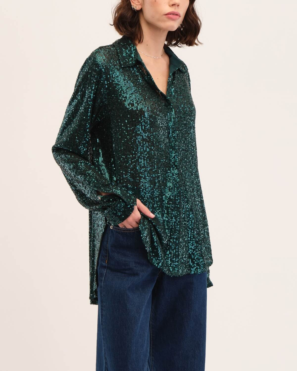 Shop Sequin Knit Mesh Collared Shirt | Catherine Malandrino | JANE + MERCER