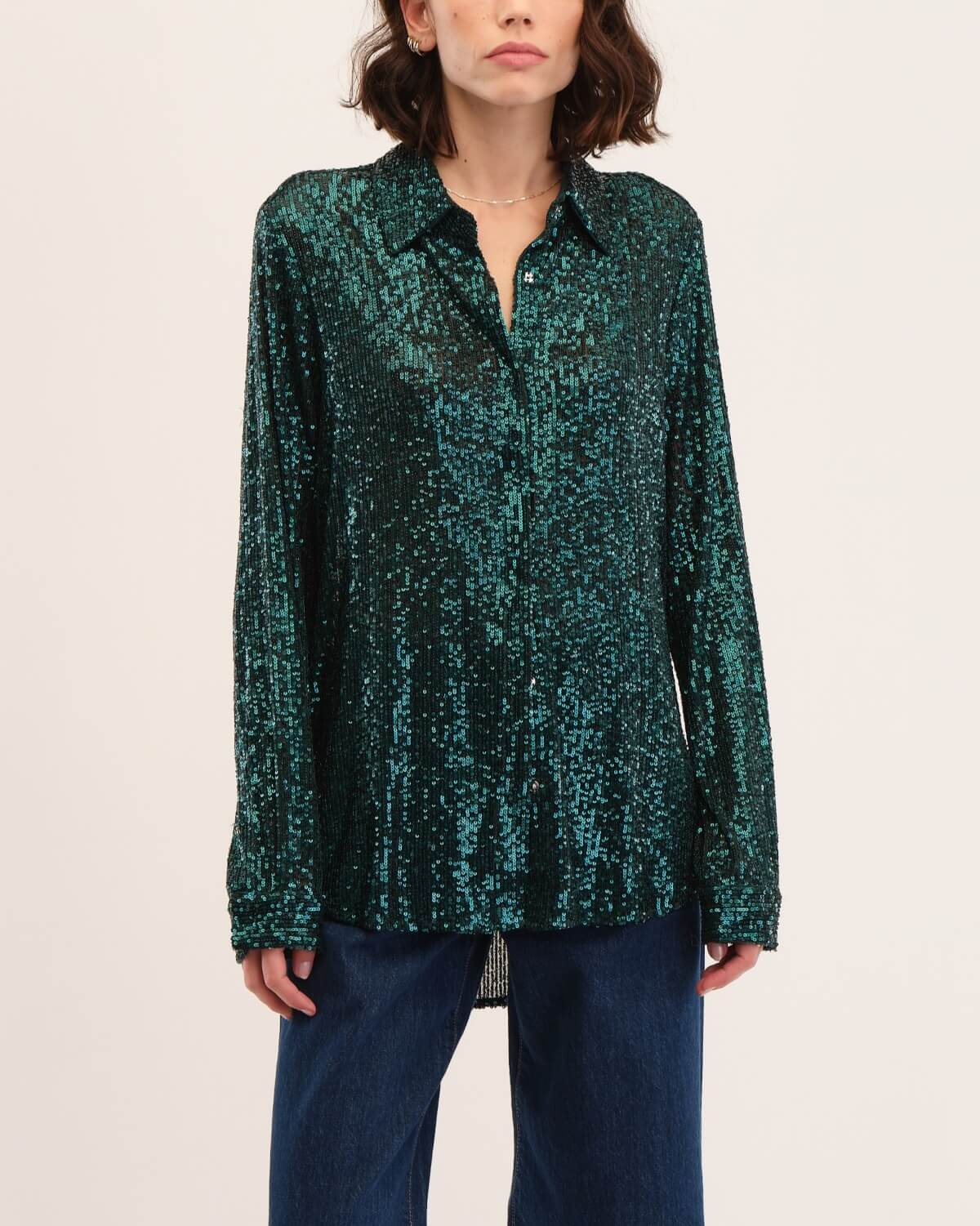 Sequin Knit Mesh Collared Shirt | Catherine Malandrino | JANE + MERCER