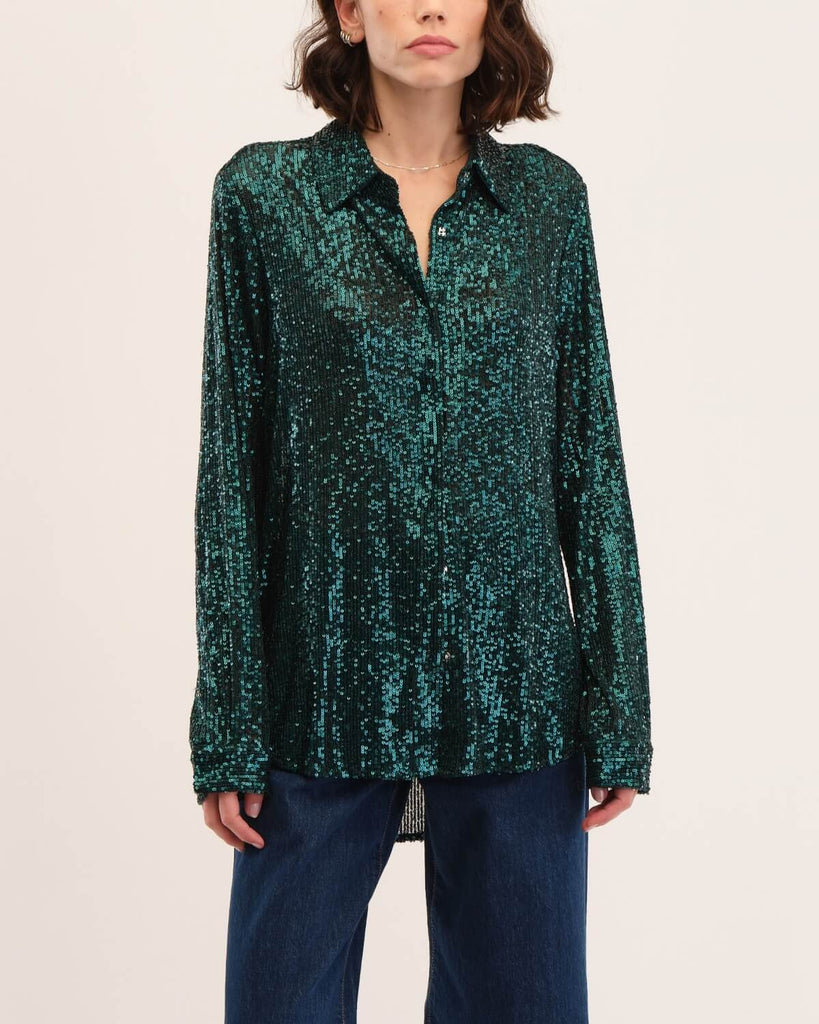 Sequin Knit Mesh Collared Shirt, Emerald | Catherine Malandrino