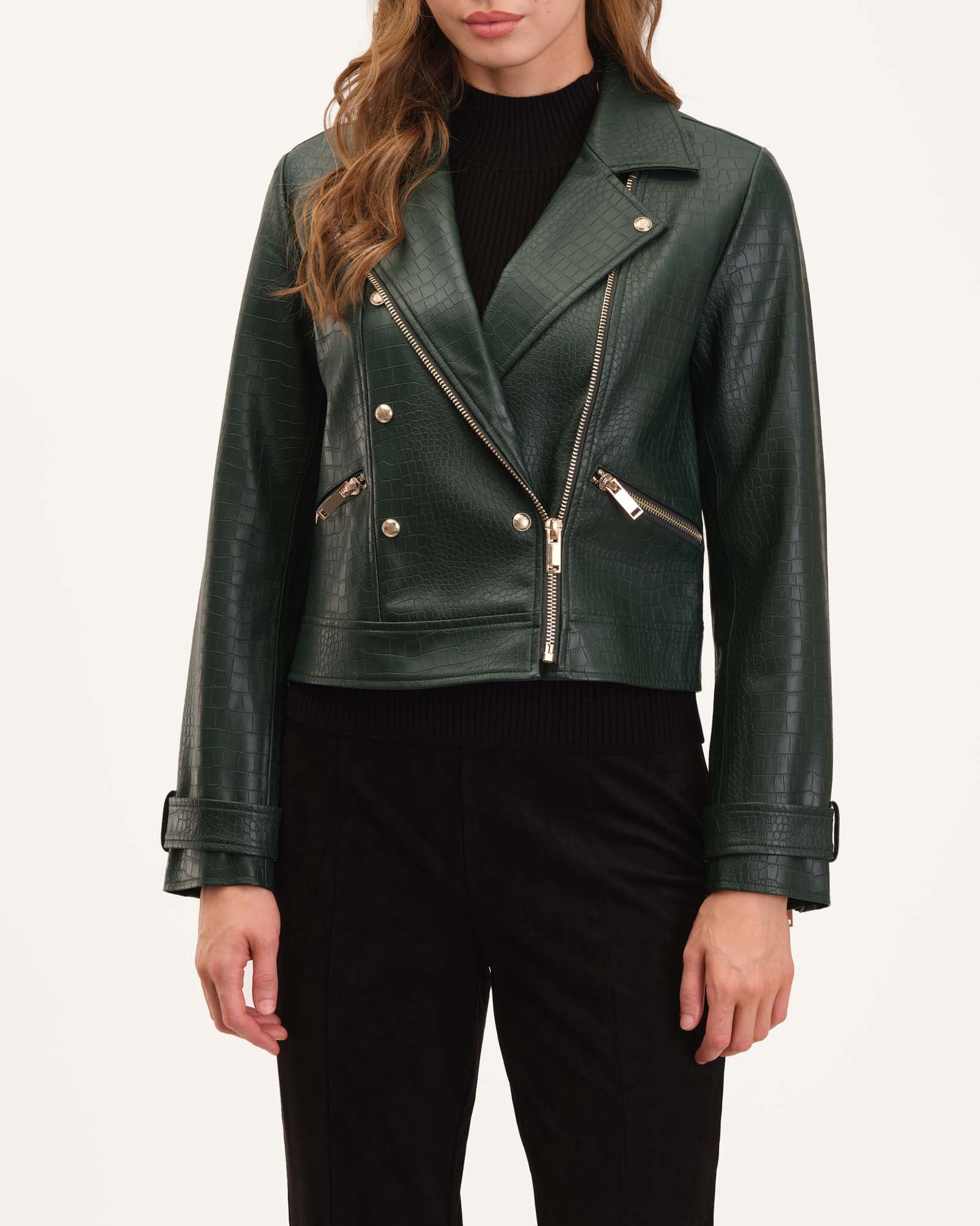 High Collar Green Leather Biker Jacket