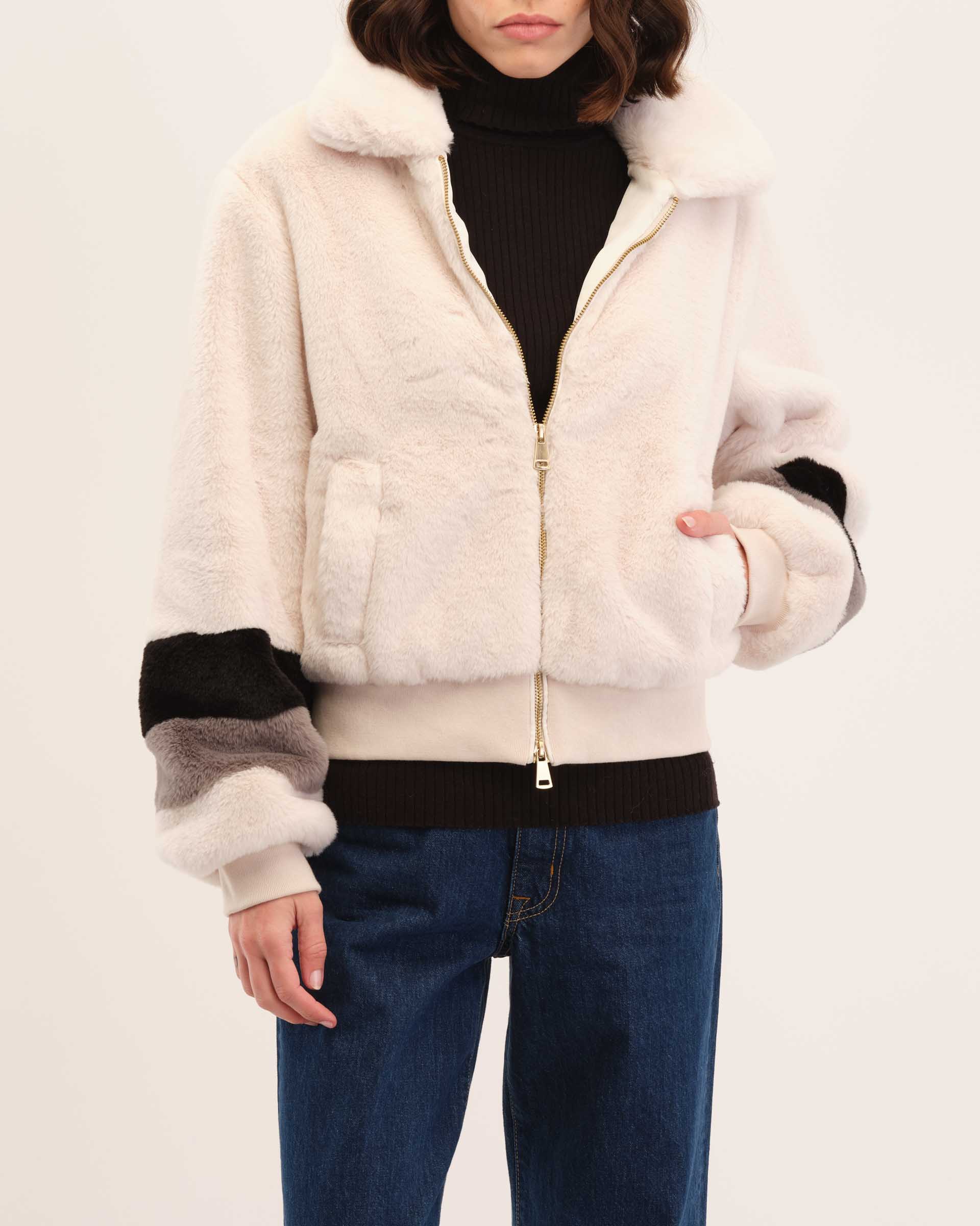 Faux Fur Collared Zip Front Jacket, Off White/Black/Grey | Catherine Malandrino