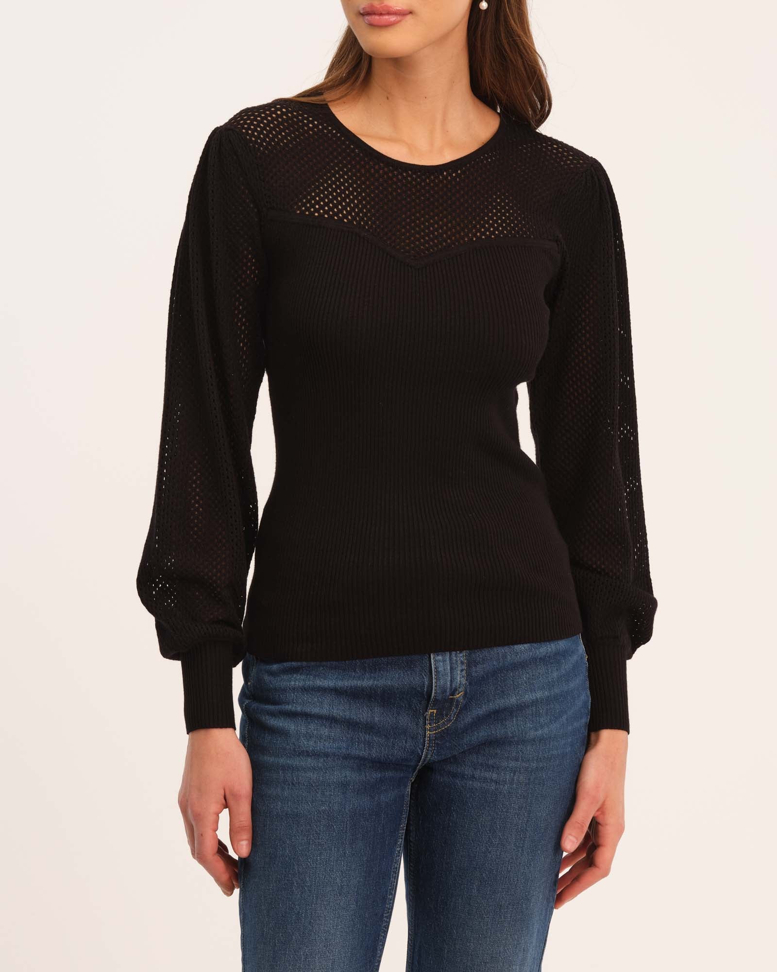 Catherine Malandrino Women's Pointelle Sleeve Sweetheart Sweater | JANE + MERCER