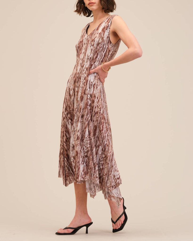 Flare Asymmetric Print Mesh Dress, Summer Brown | T Tahari