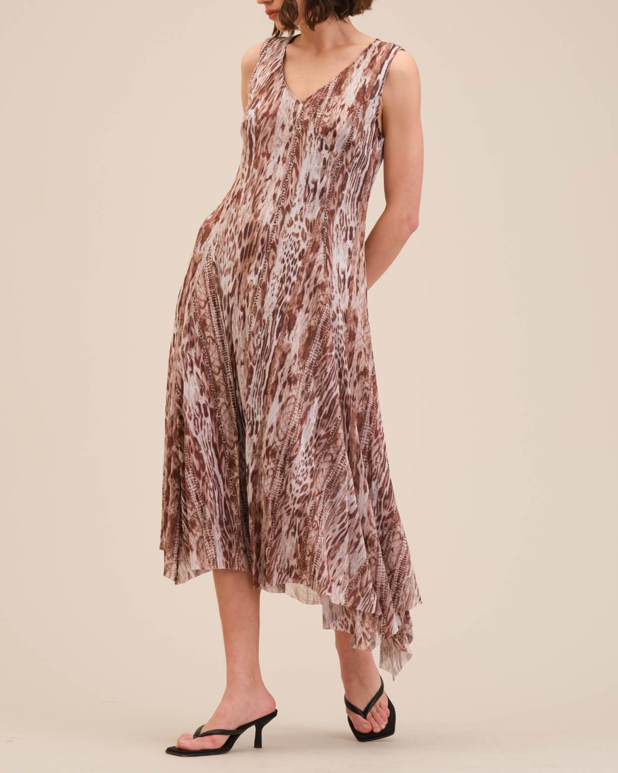 Flare Asymmetric Print Mesh Dress, Summer Brown | T Tahari