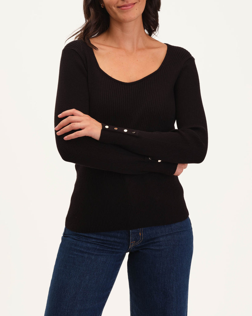 Button Cuff Sweetheart Neckline Sweater, Black | T Tahari