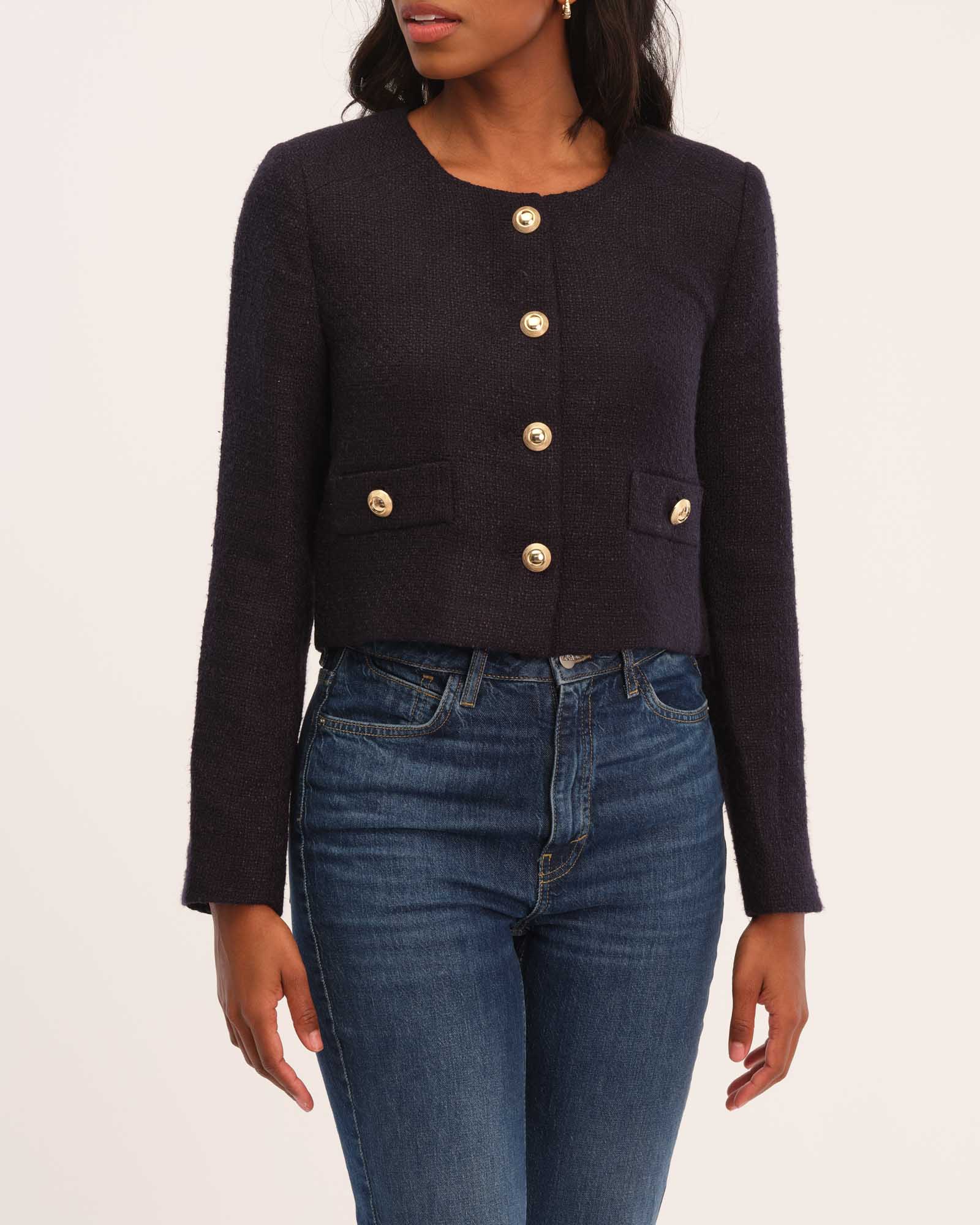 Button Front Cropped Tweed Jacket