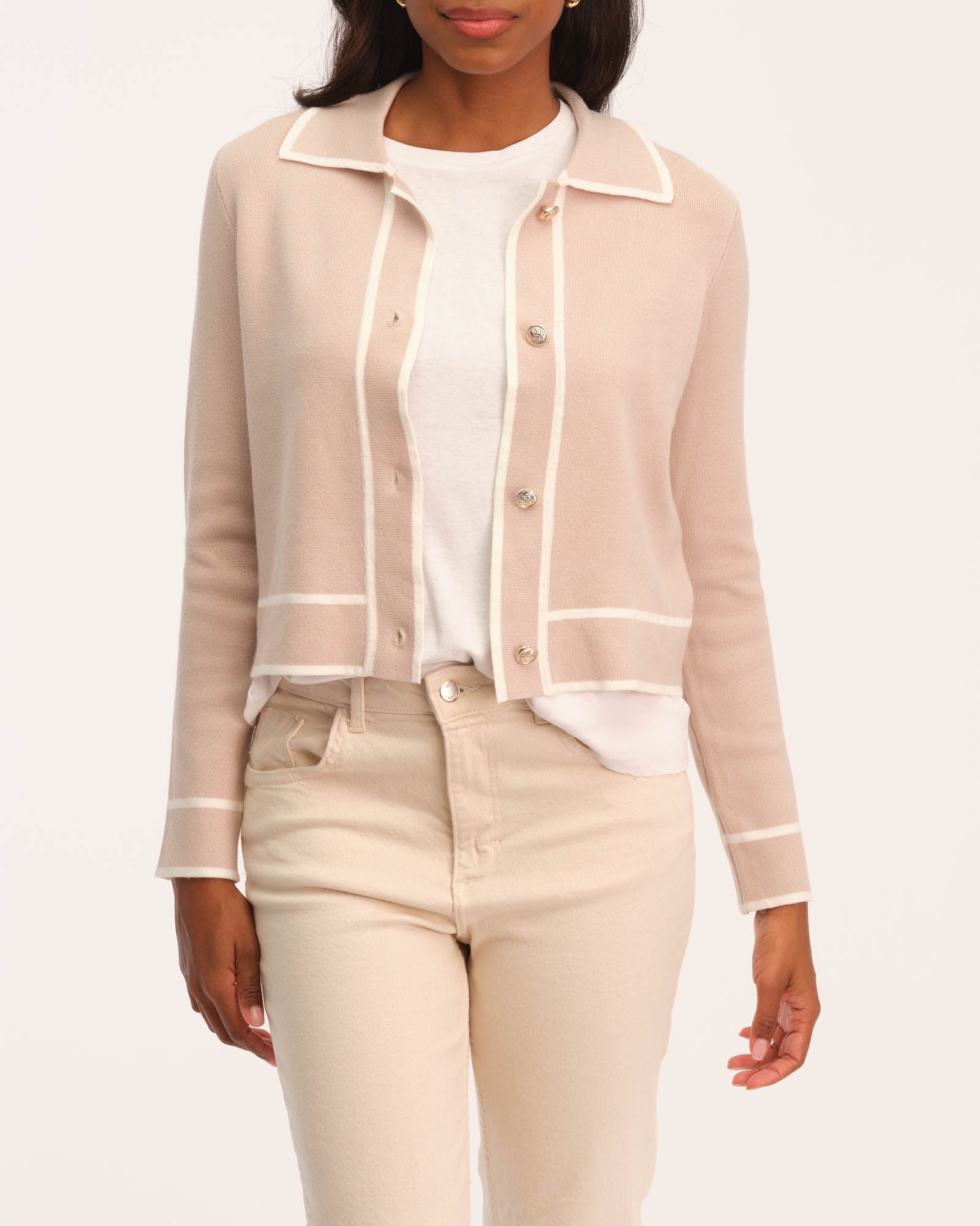T Tahari Women's Contrast Trim Button Front Sweater Jacket | JANE + MERCER
