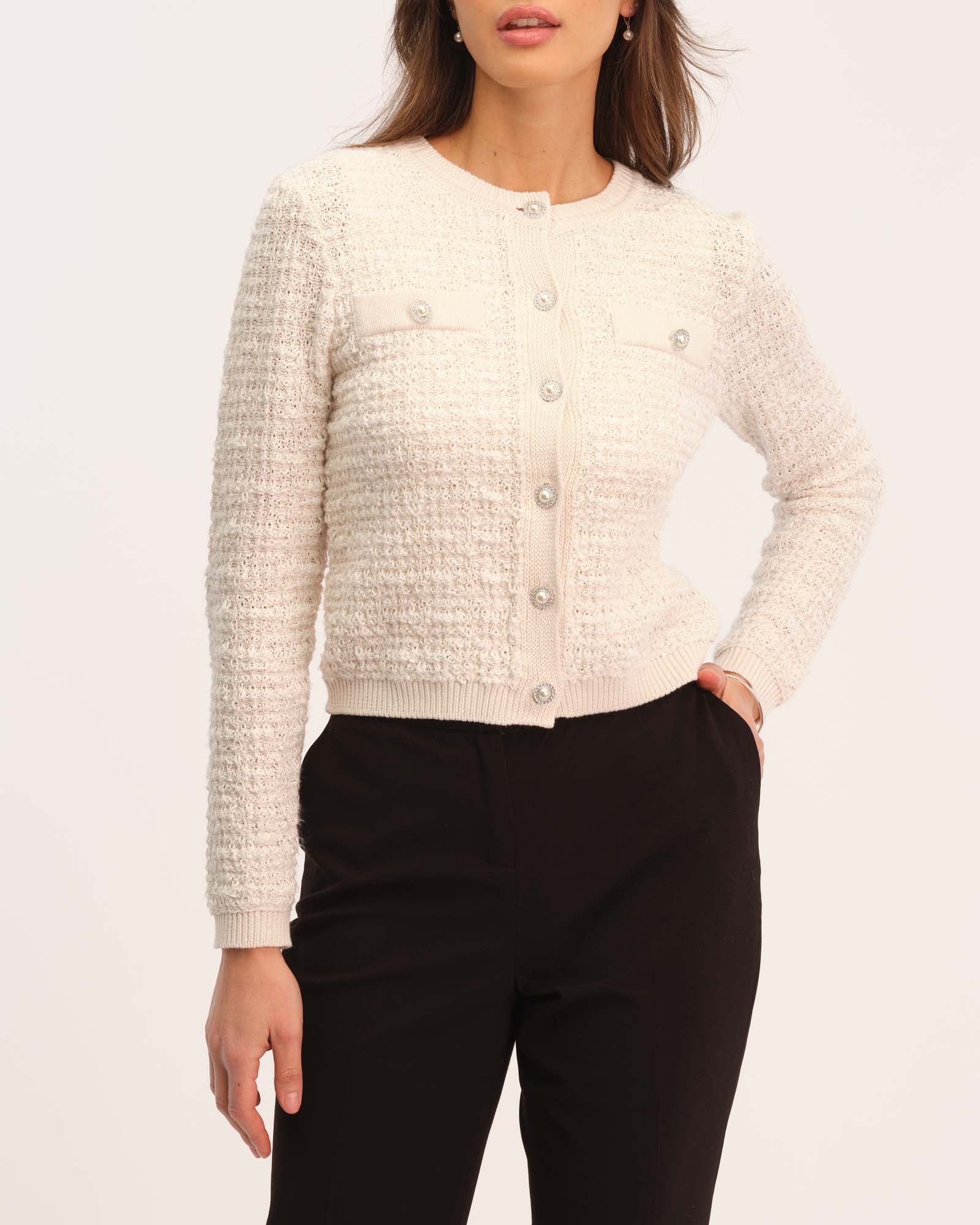 T Tahari Women's Pearl Rhinestone Button Front Sweater Jacket | JANE + MERCER