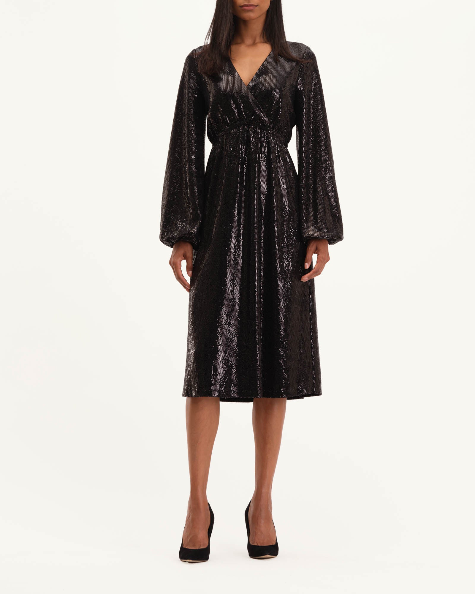 Shop Sequined Faux Wrap Midi Dress | T Tahari | JANE + MERCER